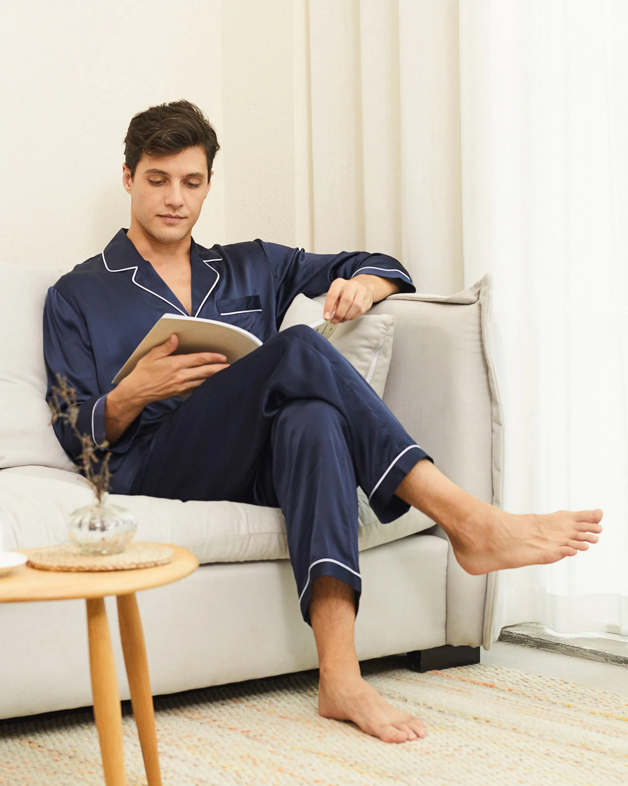 Piped Silk Pajamas - For Men