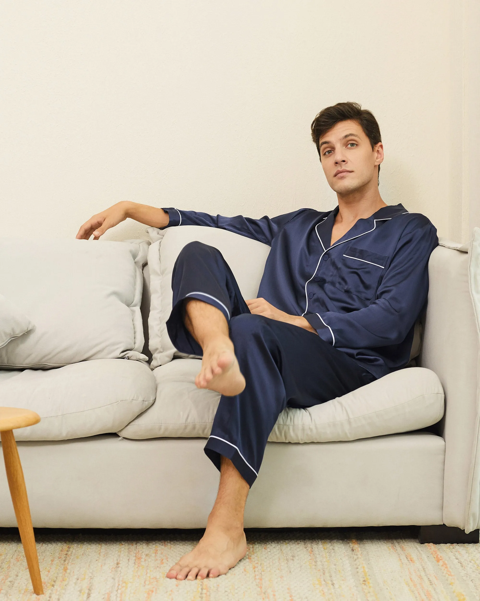 Piped Silk Pajamas - For Men