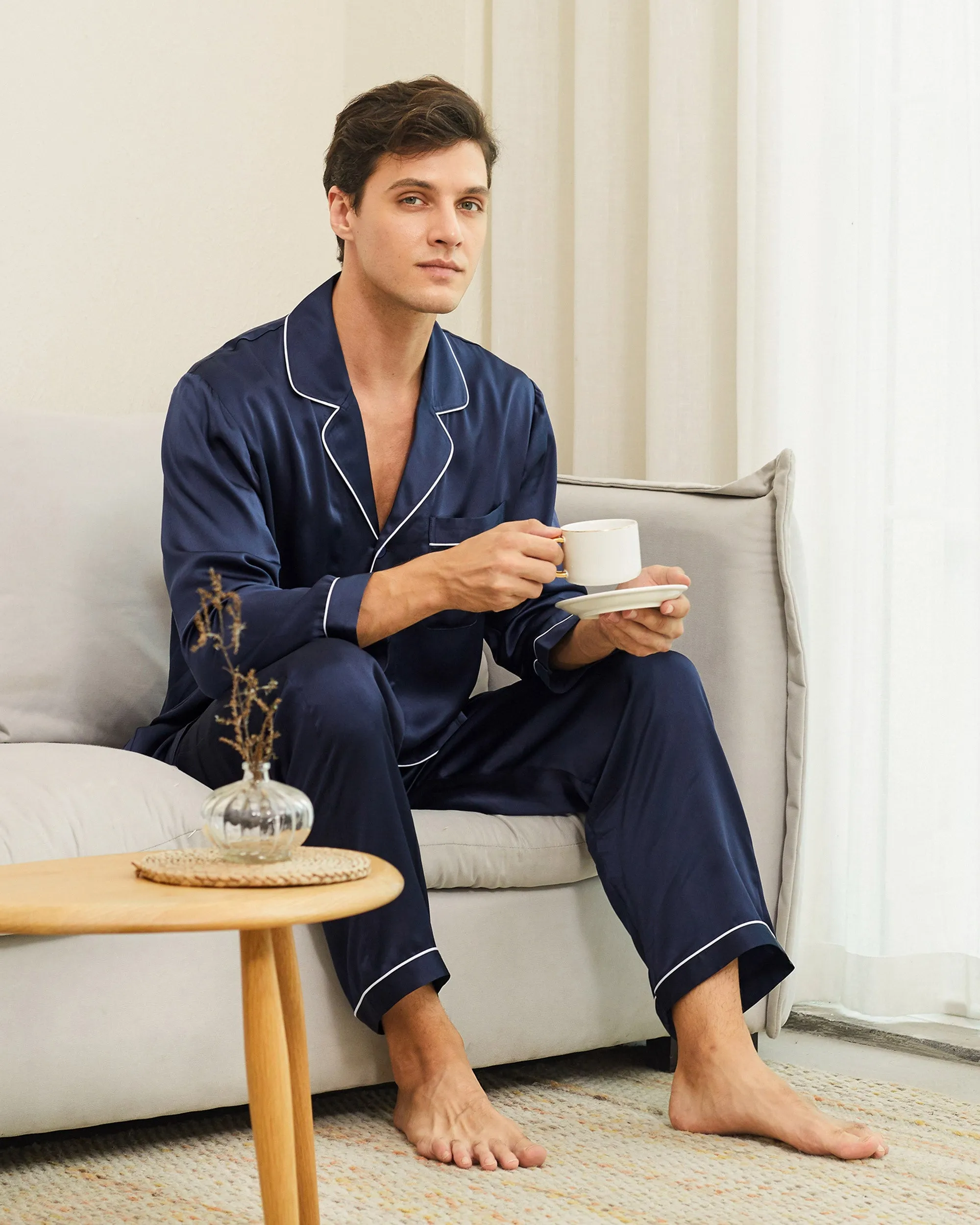 Piped Silk Pajamas - For Men