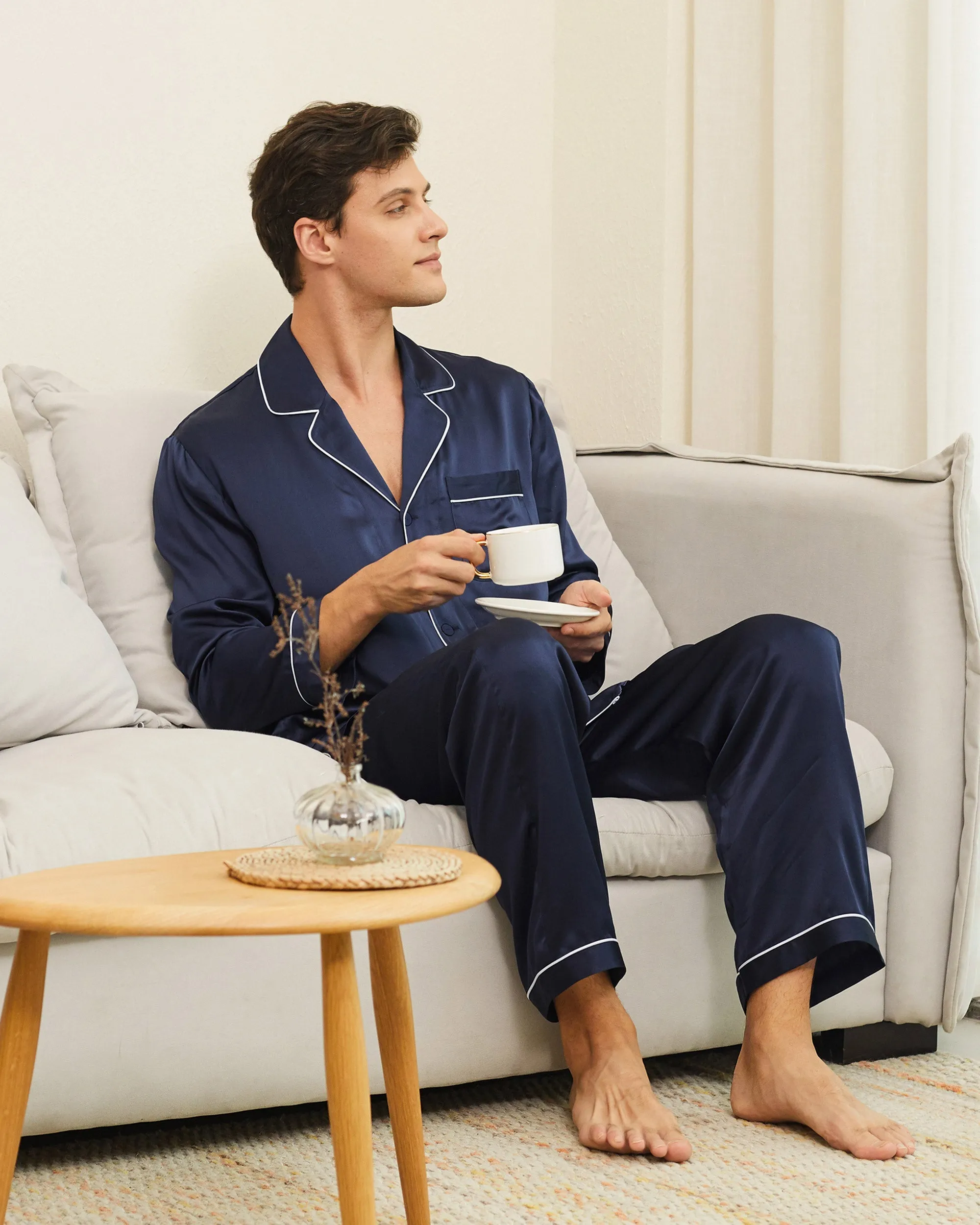 Piped Silk Pajamas - For Men