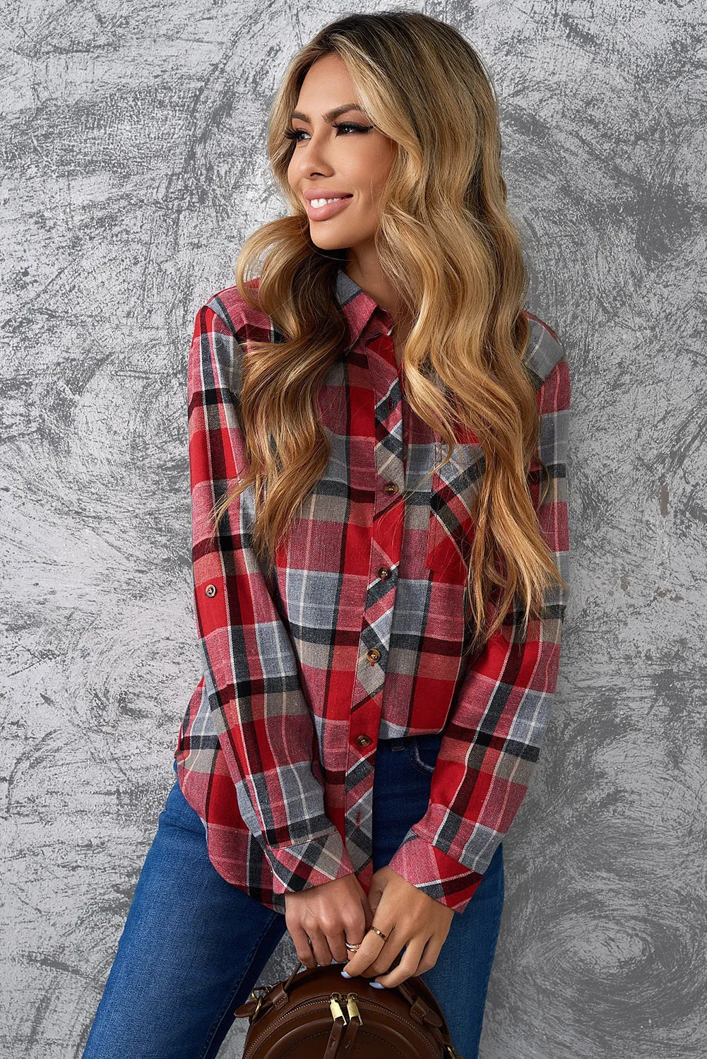 Plaid Button Front Curved Hem Collared Shirt