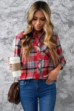 Plaid Button Front Curved Hem Collared Shirt