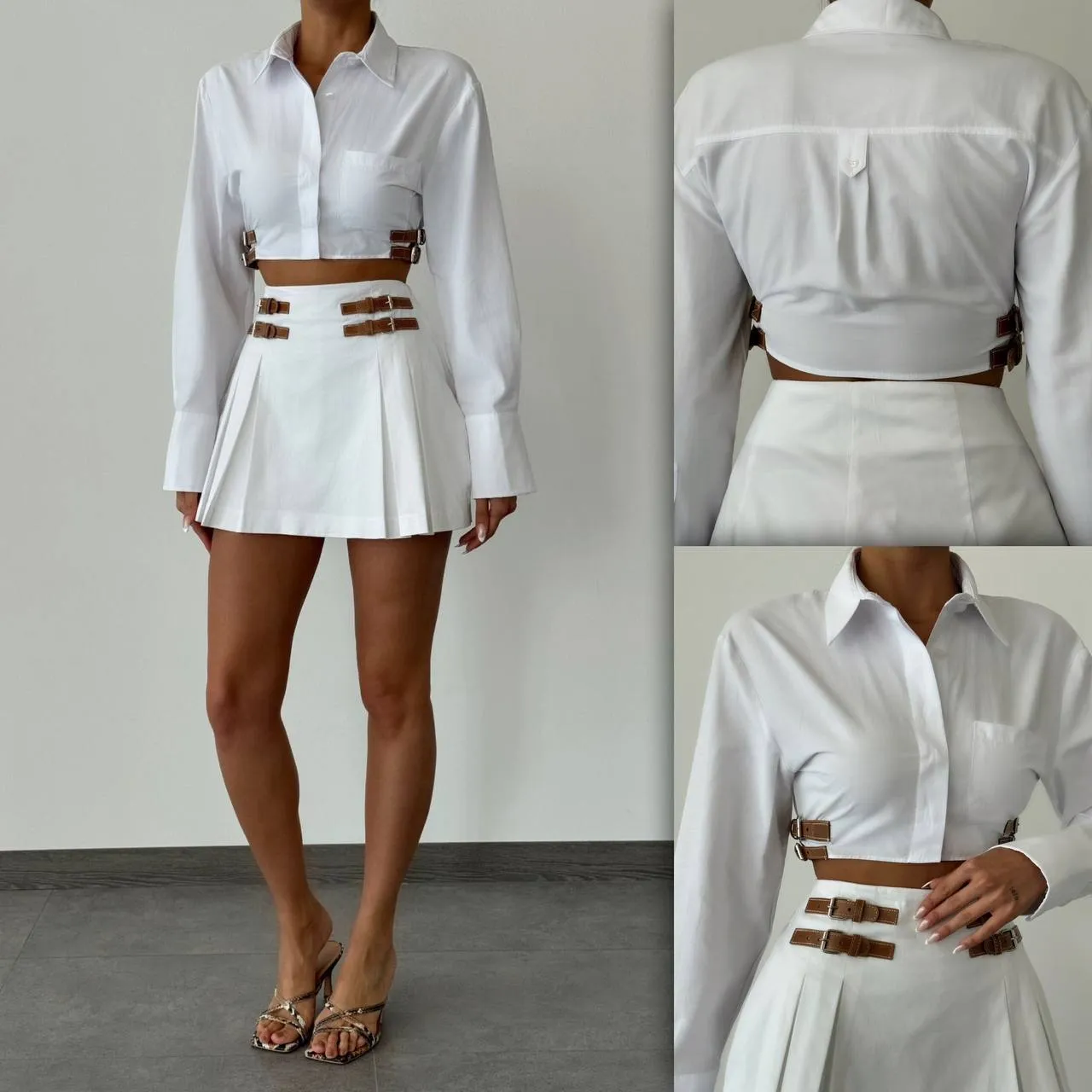 Pleated Mini Short Skirt with Belt Accessory - White