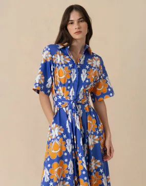 Posie Cotton Maxi Dress - Geo Flower Blue - SALE