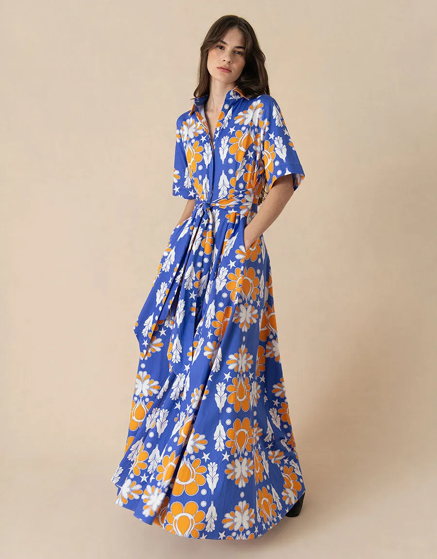 Posie Cotton Maxi Dress - Geo Flower Blue - SALE