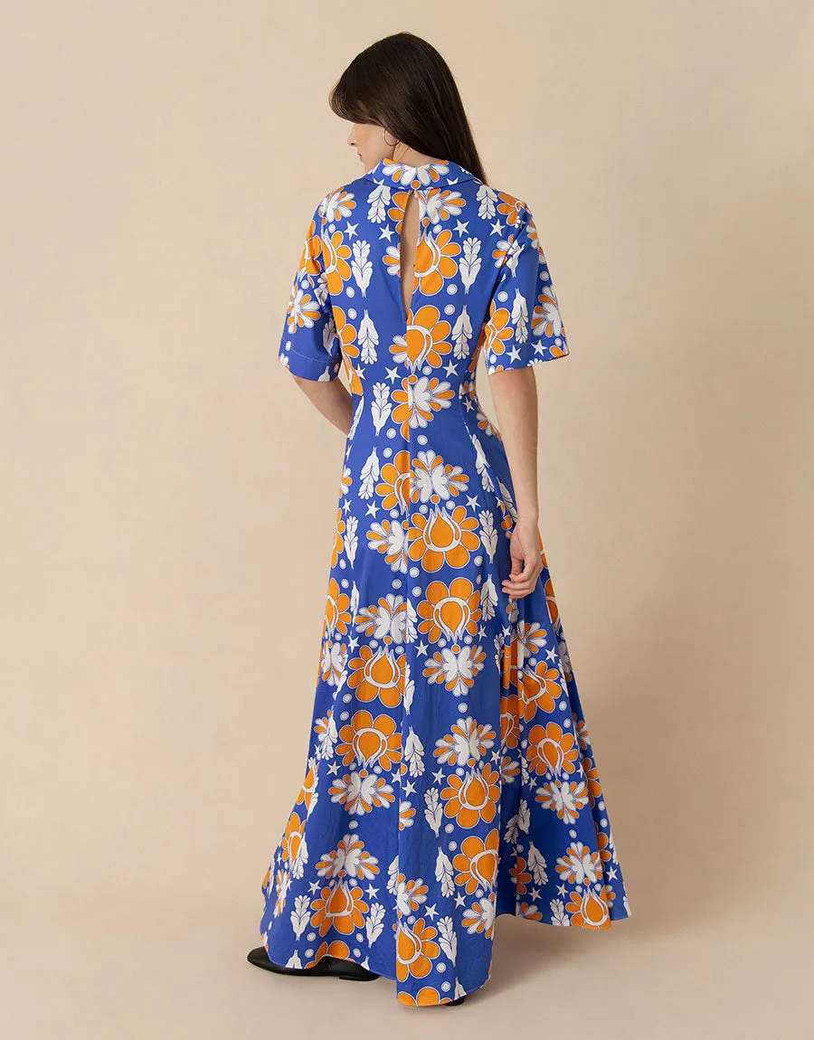 Posie Cotton Maxi Dress - Geo Flower Blue - SALE