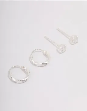 Sterling Silver Cubic Zirconia & Twisted Hoop Earrings