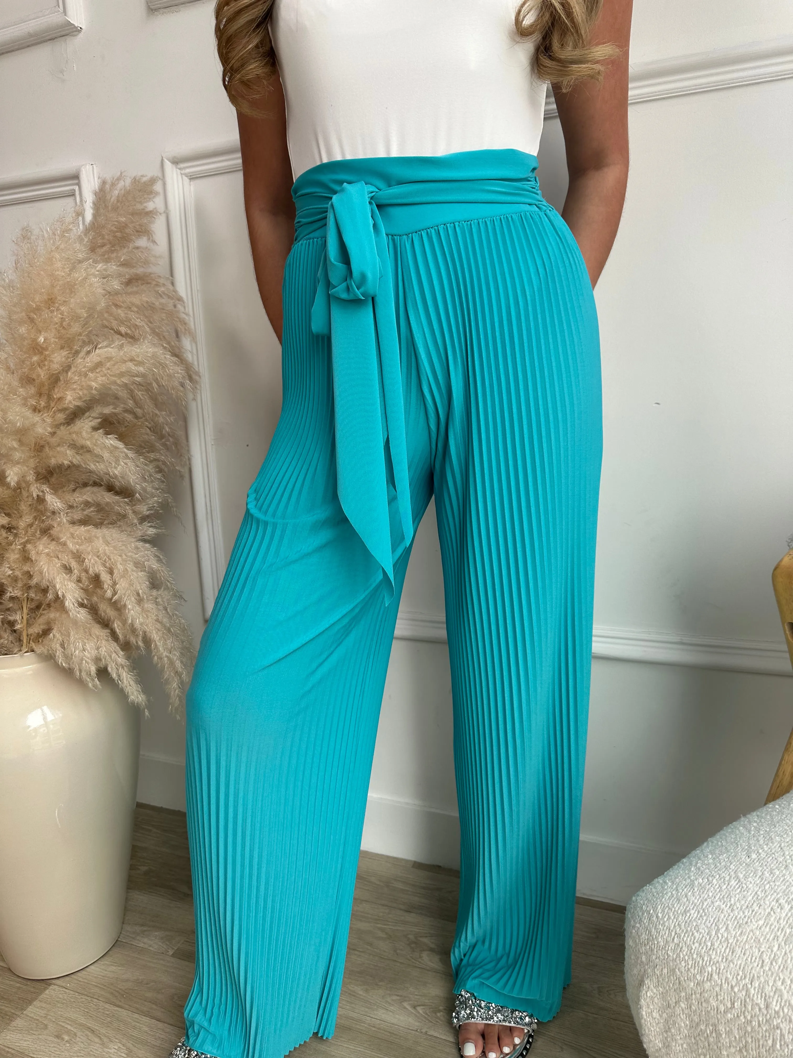 tie up pleated trousers - aqua blue